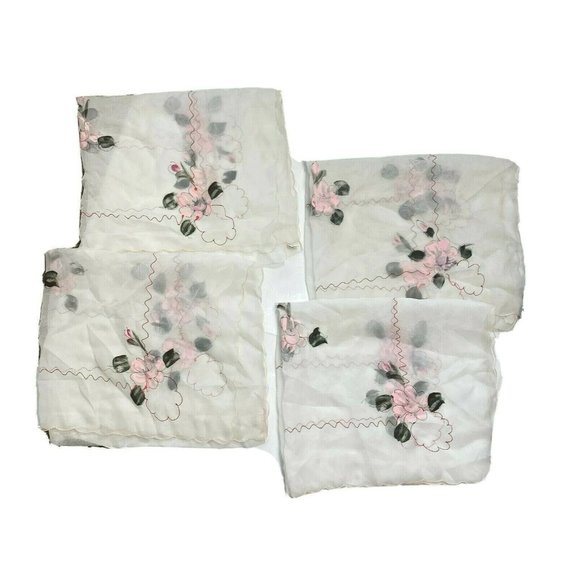 Vintage 1960s Sheer White Valances Curtains 4 Made Japan Hand Painted Pink Red - Picture 9 of 11